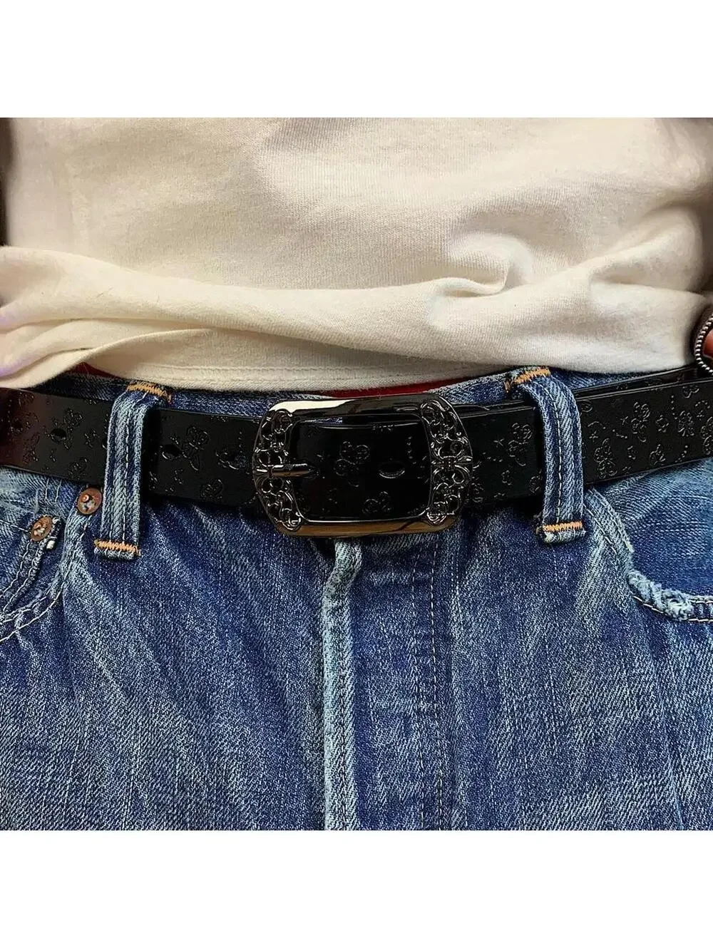 American Western vintage style floral butterfly design black belt. 42 inches len
